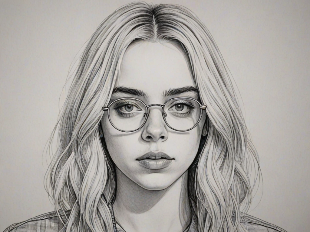 Attractive Billie Eilish, pencil sketch, portrait of Fascinating woman 1944s in glasses, hair style beatnik, outline, clear lines, fine lines, 8k