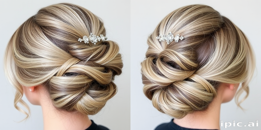 Sophisticated ash blonde French twist dubbed "Smoky Coil" featuring a seamless blend of cool-toned highlights and lowlights, secured with ornate silver hair pins