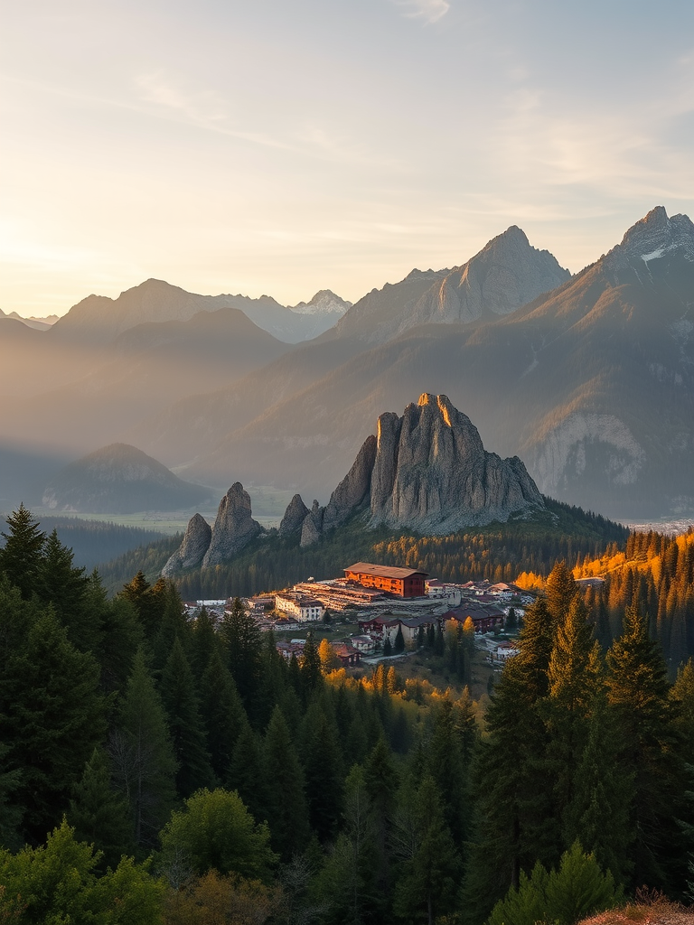 Capture a panoramic landscape of a mountain village surrounded by lush trees and dramatic rocky peaks, using a DSLR camera with a wide-angle lens, aperture set to f/8 for depth of field, ISO 200 for clarity, and a shutter speed of 1/250 seconds to freeze motion, taken during the golden hour for warm light enhancement.