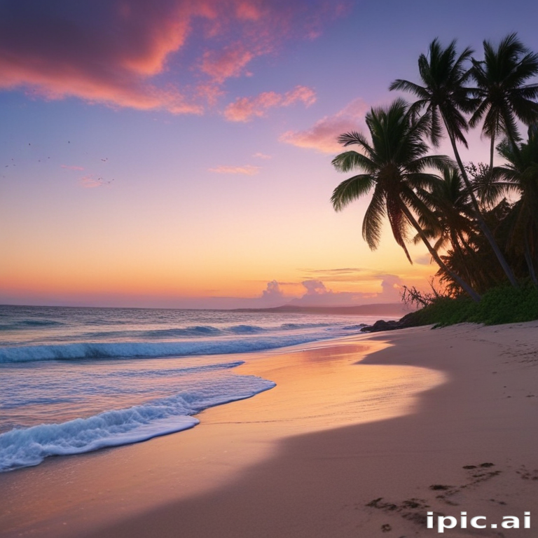 Tranquil Sunset Over Serene Beach with Palm Trees and Gentle Waves