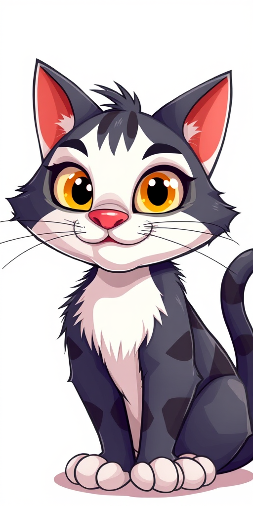 Create a vibrant illustration of a cartoon cat with exaggerated features, maintaining its playful and mischievous look, using a digital art style with high contrast colors, set against a simple background to highlight the character, with bright lighting, shot in a 35mm focal length for clarity and detail.