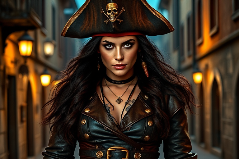 Create a portrait of a fierce female pirate. She wears a leather tricorn hat adorned with a skull and crossbones emblem, and her long, dark hair flows around her face. Her outfit consists of a richly detailed leather jacket, a corset, and multiple layers of belts and accessories, giving her a formidable and stylish appearance. She stands confidently in a dimly lit, historic port town, with a backdrop of weathered buildings and cobblestone streets, capturing the adventurous spirit of a pirate.