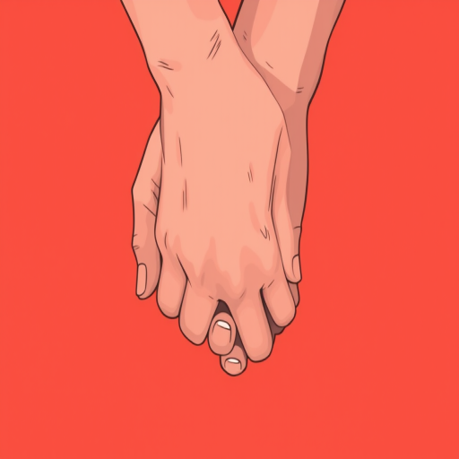 Create an illustration of two hands clasping each other on a solid coral background, using a digital art style with a soft focus effect, simulated shallow depth of field, and a high-resolution setting of 300 DPI for clarity.