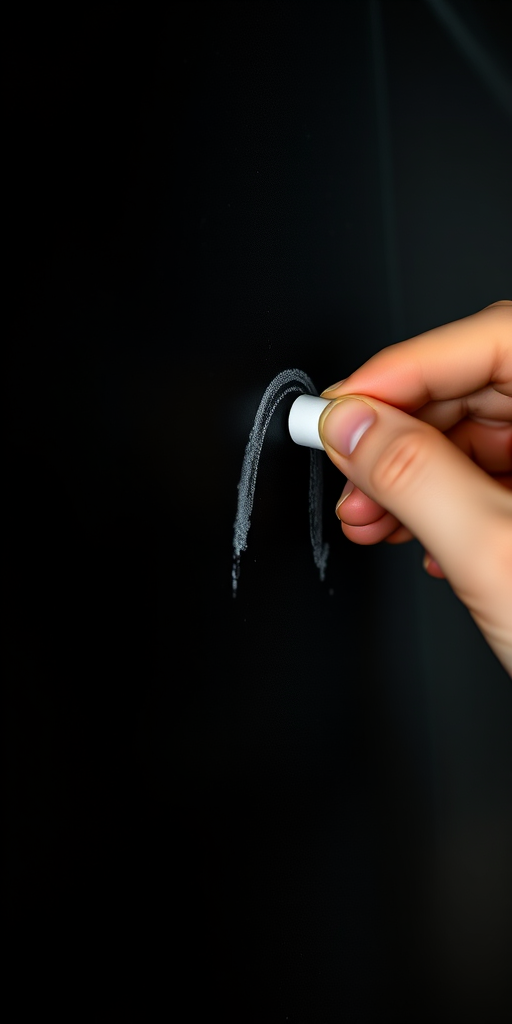 Close-up shot of a hand writing with chalk on a dark chalkboard, 50mm lens, f/2.8 aperture, ISO 100, natural light, mirrorless camera.