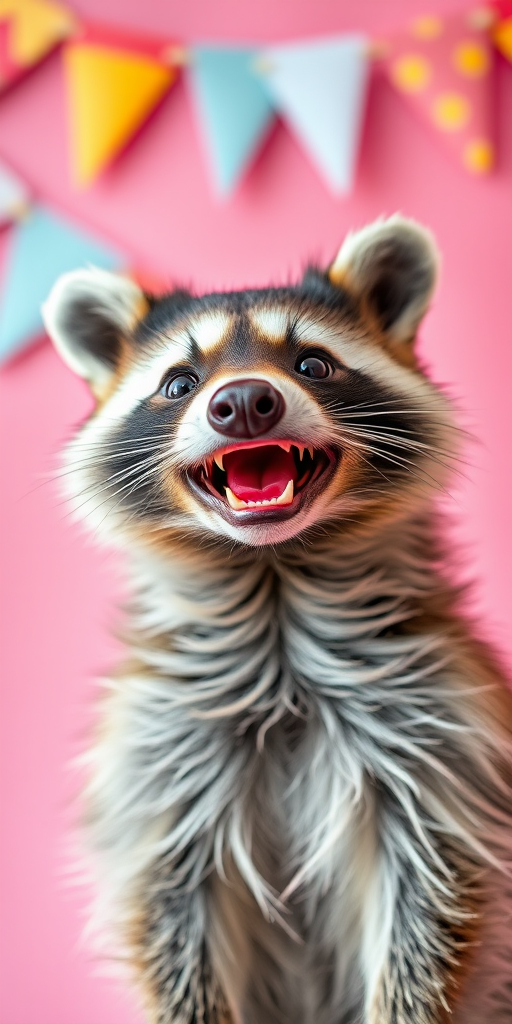 A raccoon smiling with its mouth open against a bright pink background with colorful banner decorations, 50mm lens, f/2.8 aperture, 1/100s shutter speed, ISO 200, soft focus background, high-quality portrait photography, DSLR camera.