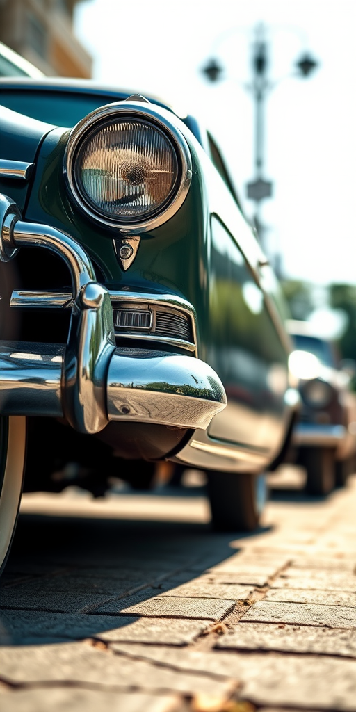 vintage car, high detail, soft focus background, low angle view, f/2.8 aperture, ISO 100, shutter speed 1/200s, 35mm lens, natural sunlight, enhanced colors, HDR effect