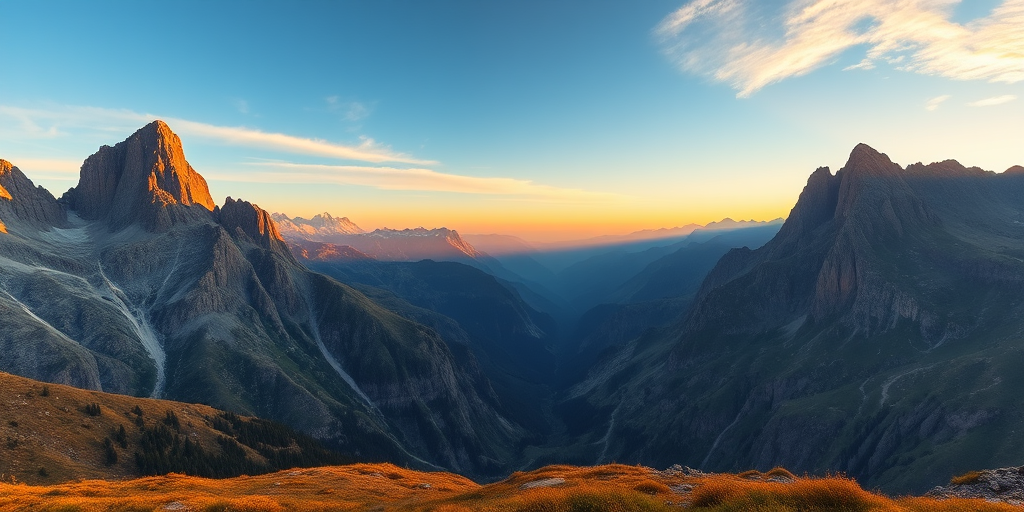 mountain landscape at sunrise with peaks and valleys, captured with a Canon EOS R5, 24mm lens, f/8 aperture, ISO 100, 1/200s shutter speed, HDR style, wide-angle view for enhanced depth and clarity