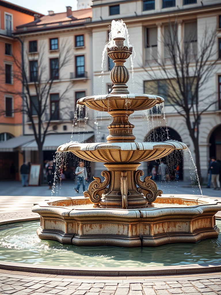 Create a detailed image of an ornate stone fountain in a public square under soft sunlight, with a shallow depth of field, using a DSLR camera at f/2.8, 50mm lens, ISO 100, and a slight vignette effect to enhance focus on the fountain.