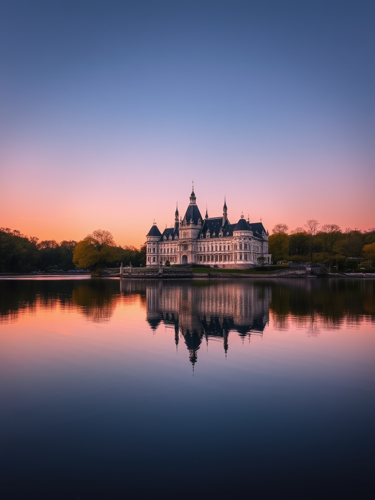 Regenerate the image of a tranquil lakeside scene featuring a grand castle with reflections in the water at twilight, using a full-frame DSLR camera, f/8 aperture, 1/60 sec shutter speed, ISO 200, wide shot perspective, and soft natural lighting for enhanced clarity and detail.