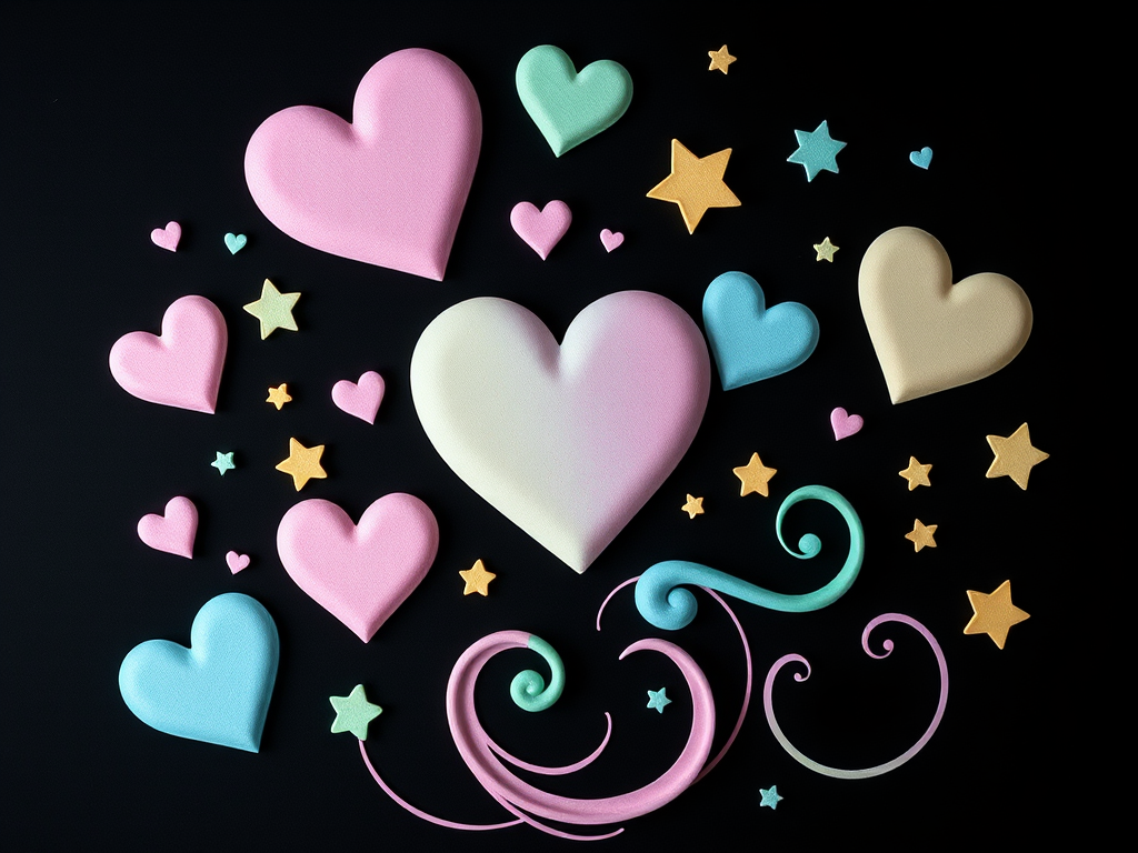 create a pastel-colored pattern with hearts, stars, and swirls on a black background, using a Canon EOS R5 camera, aperture f/4, shutter speed 1/125, ISO 200, top-down view, soft focus style to enhance image quality.