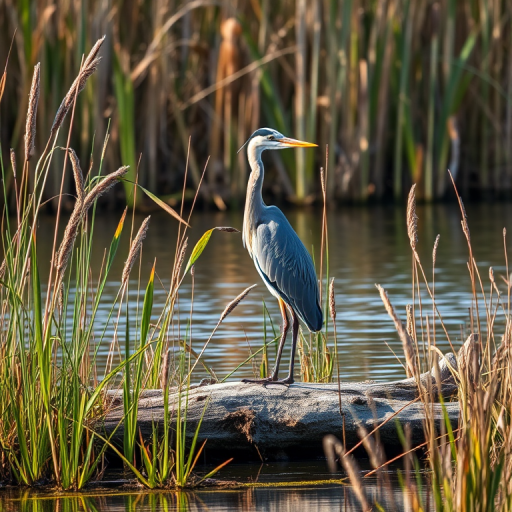 Capture a high-resolution image of a heron standing on a log surrounded by tall grass and reeds in natural light, using a DSLR camera with a 200mm lens, aperture set to f/4, ISO 100, and a shutter speed of 1/500s for sharp details and vibrant colors.