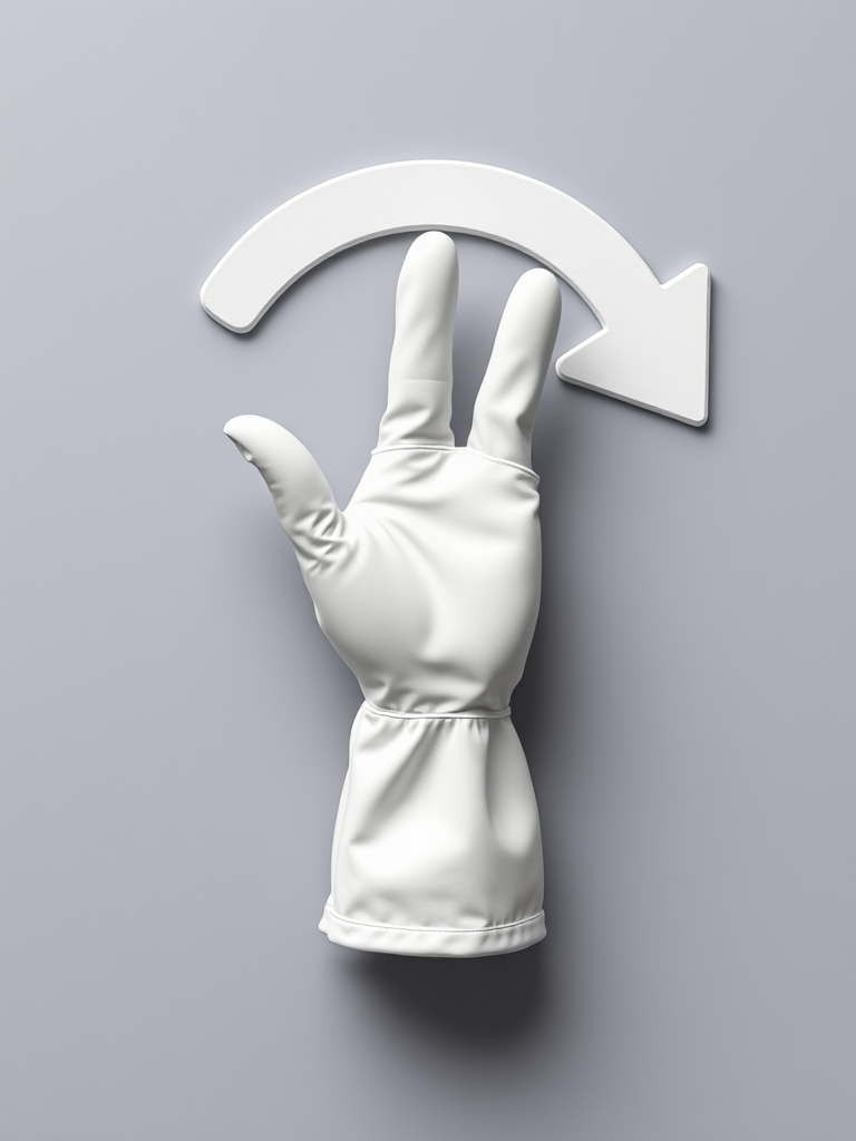 Create a high-resolution image of a cartoon hand in a white glove making a gesture with a circular arrow next to it, using a Canon EOS R5 camera at f/4 aperture, ISO 100, and 1/200 sec shutter speed, shot from a straight-on view, in flat lay style.