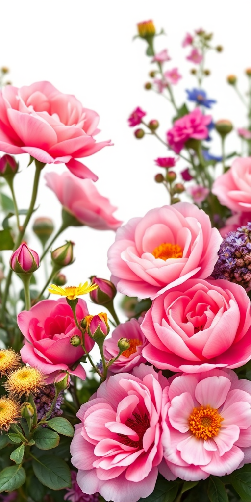 Generate a high-resolution floral frame image with vibrant roses, peonies, and assorted wildflowers, using a DSLR camera at f/2.8 aperture, ISO 100, and a 50mm lens in macro view, ensuring sharp focus and rich colors.