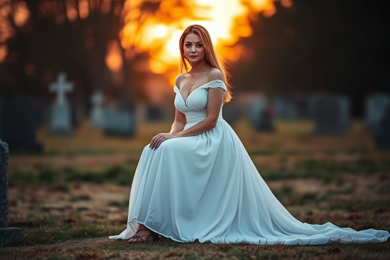 Create an ethereal portrait of a woman in a flowing white gown seated on a gravestone at sunset, soft focus, ambient lighting, 85mm lens, f/1.4 aperture, ISO 100, shallow depth of field, DSLR camera.