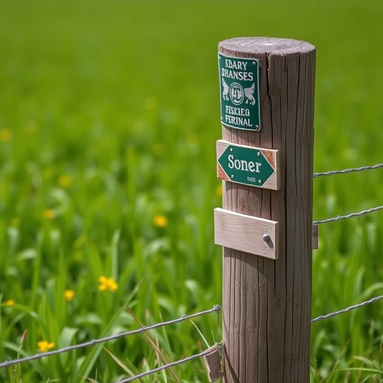 photograph of a wooden fence post with signs in a lush green field, shallow depth of field, 50mm lens, f/2.8 aperture, ISO 200, natural lighting, taken with a DSLR camera