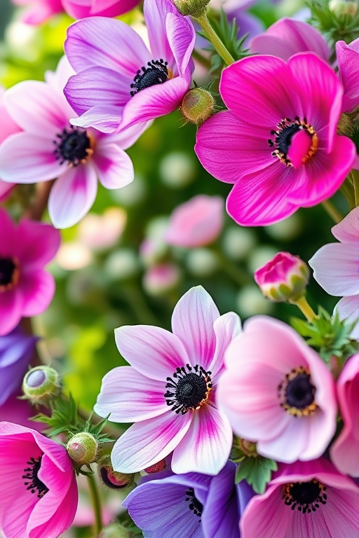Create a high-resolution circular frame adorned with colorful flowers like purple, pink, and white anemones, with a detailed jeweled border, captured in a macro shot with a DSLR camera, aperture set to f/2.8 for a shallow depth of field, focal length at 50mm, under natural soft lighting to enhance color vibrancy and detail.