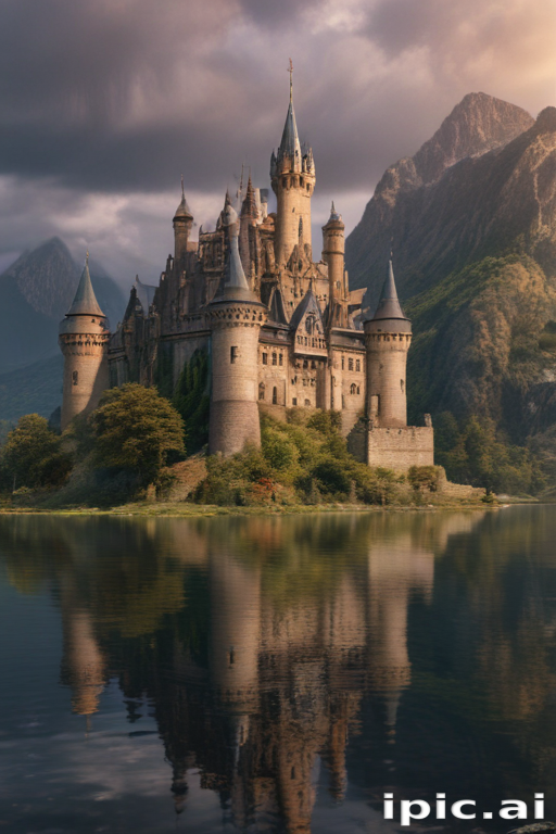A Majestic Castle Surrounded by Mountains and Reflecting in Tranquil Waters