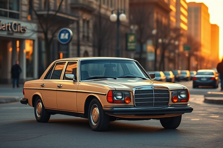 high-quality image of a classic beige Mercedes-Benz sedan parked on a city street during golden hour, 50mm lens, f/1.8 aperture, ISO 100, natural light, shallow depth of field, DSLR camera