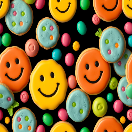 Generate a vibrant and playful seamless pattern featuring colorful cookies, candies, and smiley faces on a black background, shot with a Canon EOS R5, 50mm lens, f/8 aperture, ISO 100, with a focus on sharpness and vivid colors.