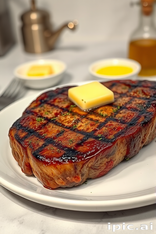 Create an image of a perfectly seared ribeye steak, resting on a white plate with a pat of melting butter on top. The steak is seasoned with fresh herbs like thyme and parsley, with glistening juices highlighting the texture of the meat. The background features a soft focus on a light, marble countertop, with a small dish of butter and an olive oil bottle in the distance. The overall mood should be warm and inviting, capturing the deliciousness and juiciness of the steak.