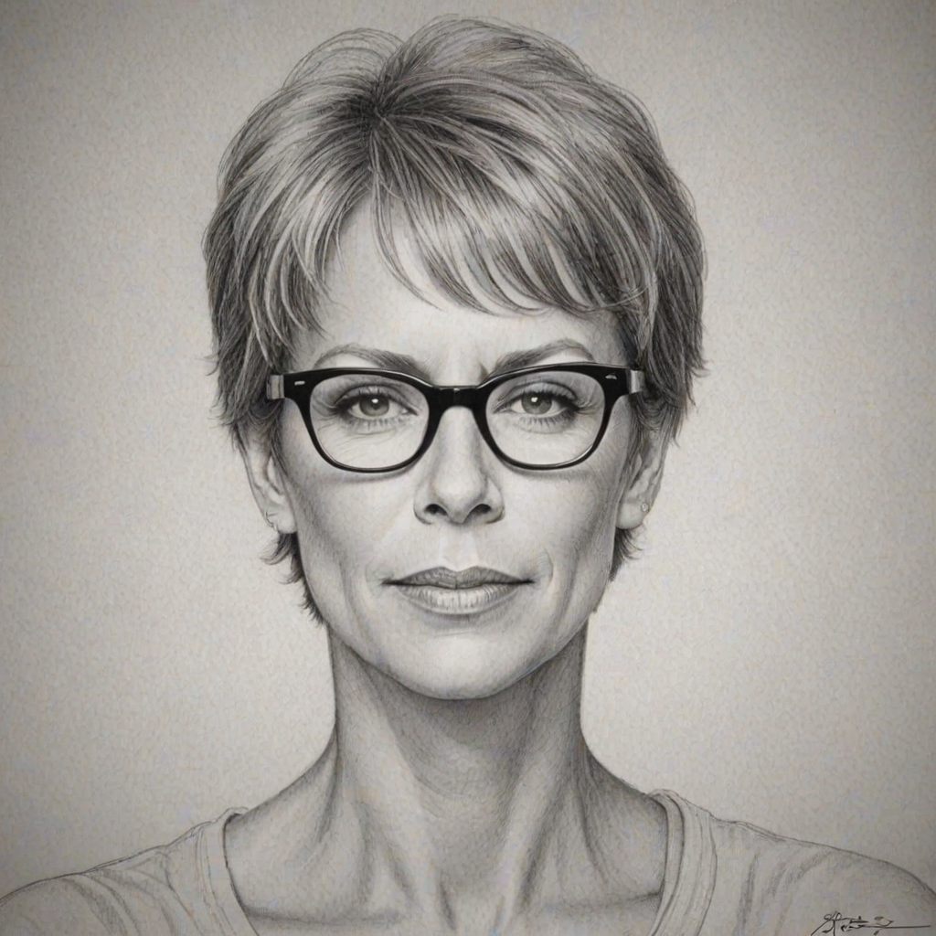 Pleasing Jamie Lee Curtis, pencil sketch, portrait of Wonderful woman 1925s in glasses, hair style beatnik, outline, clear lines, fine lines, 8k