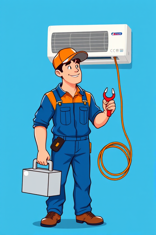 Create a high-resolution vector illustration of an HVAC technician wearing blue overalls and an orange cap, holding a toolbox in one hand and a coil of wire in the other, standing in front of a wall-mounted air conditioner, with a bright blue background, using digital illustration techniques in Adobe Illustrator, with a focus on clean lines and vibrant colors.