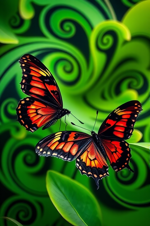 Generate a vibrant and detailed image of two butterflies in a lush green and black swirling floral pattern, using a macro lens with f/2.8 aperture, natural lighting, and a high-resolution DSLR camera for a sharp focus and rich color contrast.