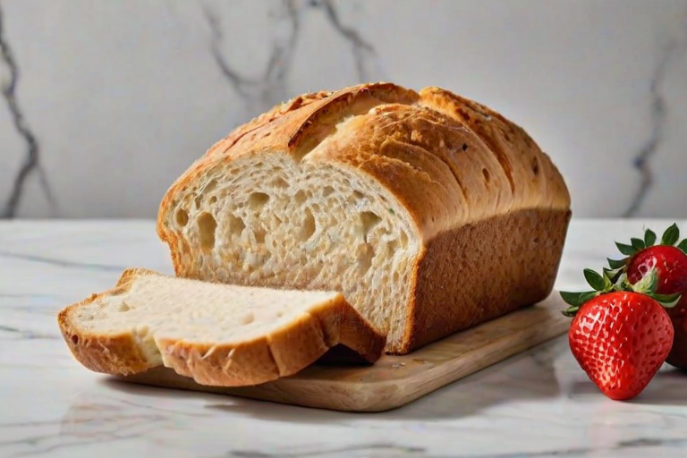 Generate an image of a freshly baked loaf of soft, fluffy bread with a golden-brown crust. The loaf is sliced in half to reveal its light, airy interior. Place a few fresh strawberries beside the bread on a marble countertop.