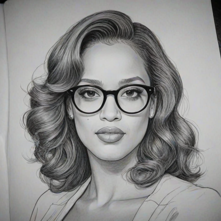 Graceful Dascha Polanco, pencil sketch, portrait of Appealing woman 1978s in glasses, hair style beatnik, outline, clear lines, fine lines, 8k