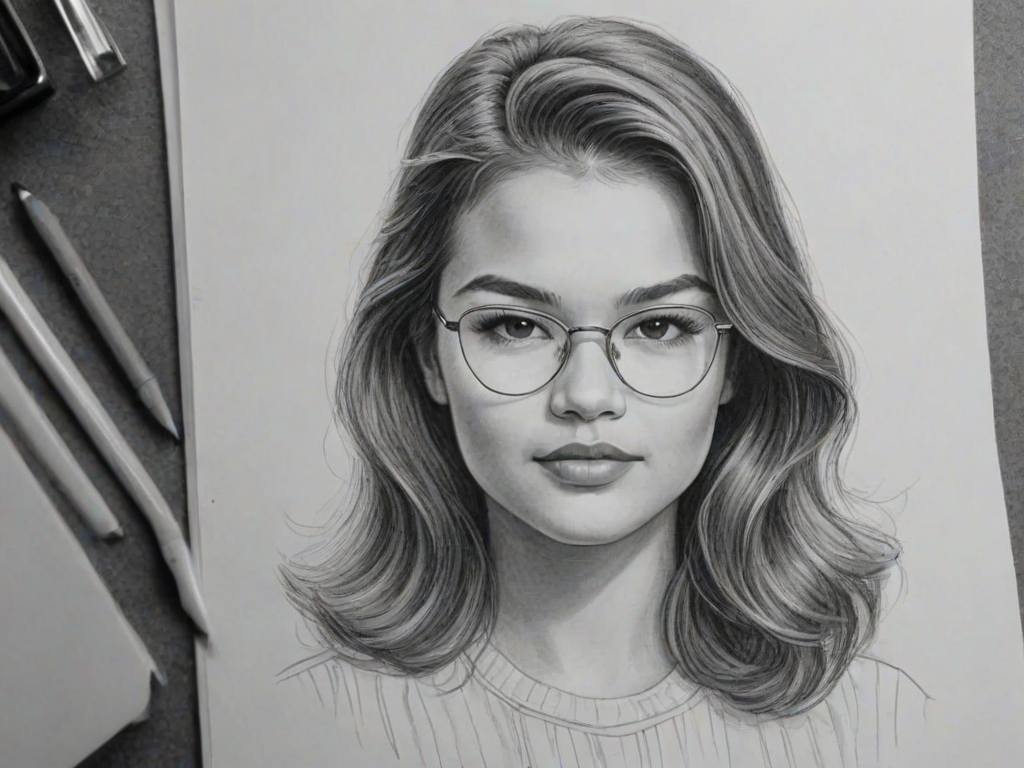 Dazzling Paris Berelc, pencil sketch, portrait of Lovely woman 1936s in glasses, hair style beatnik, outline, clear lines, fine lines, 8k