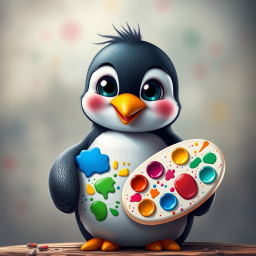 Create a cartoon-style image of a penguin artist holding a palette with colorful paint splatters, with a focus on bright colors and a playful expression, using a Canon EOS 5D Mark IV, 50mm lens, aperture f/1.8, 1/100s shutter speed, with a soft focus background to enhance depth.