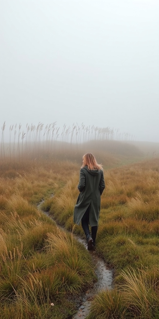 Foggy moorland, tall grasses swaying in the wind, with a woman in a long coat walking across the landscape, her boots crunching in the wet ground.