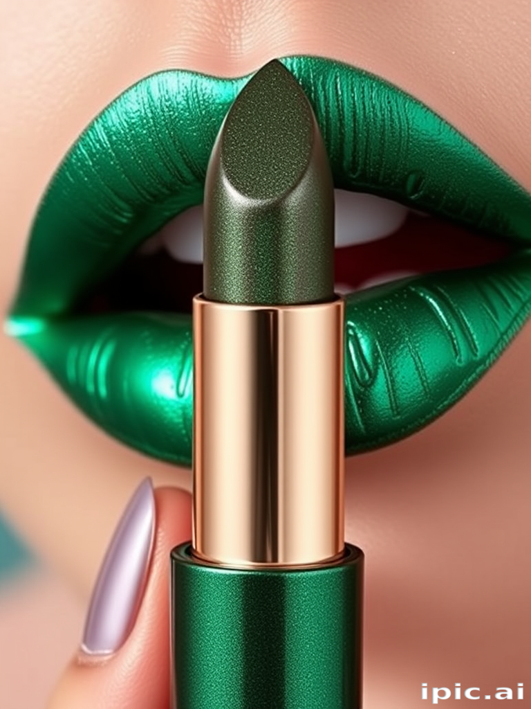 Emerald green metallic lipstick titled "Mermaid's Kiss," featuring a high-shine finish and duochrome shift to teal