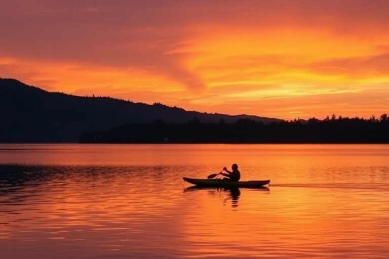 Beautiful sunset over a tranquil lake, with a silhouette of a couple kayaking, the sky ablaze with oranges and purples, creating a romantic and peaceful atmosphere.
