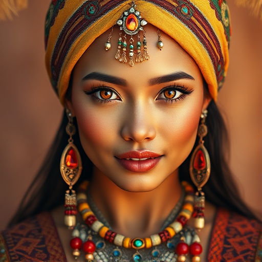 Create a portrait of a beautiful Pacific Islander woman with striking orange eyes and a gentle expression. She is adorned in traditional attire with intricate patterns, including a richly embroidered headscarf and matching garments. Her jewelry includes a delicate headpiece, dangling earrings, and ornate bracelets, all featuring vibrant gemstones and detailed metalwork. The background is soft and warm, enhancing the rich colors of her outfit and jewelry.