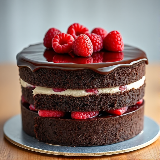 Create an image of a multi-layered chocolate cake with a glossy chocolate ganache topping and fresh raspberries on top. The cake should have distinct layers of dark chocolate, raspberry filling, and a light mousse layer, beautifully cut to reveal the different colors and textures inside. The background should be softly blurred to emphasize the cake.