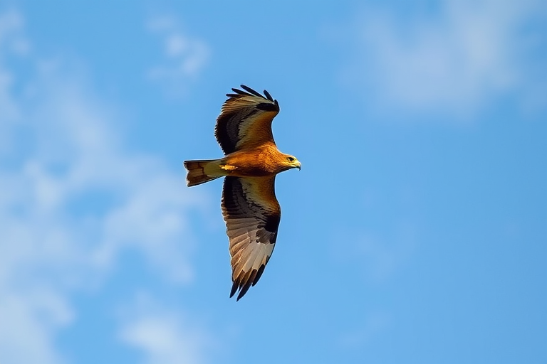 Capture a soaring hawk in a clear blue sky with soft clouds, using a DSLR camera set to ISO 400, aperture f/5.6, shutter speed 1/1000s, taken from a low angle with a telephoto lens for enhanced detail and clarity.