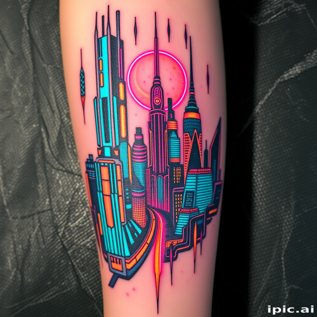 Cyberpunk-inspired tattoo called "Neon Nexus" depicting a futuristic cityscape with glowing neon accents and holographic elements, combining bold linework with subtle color gradients