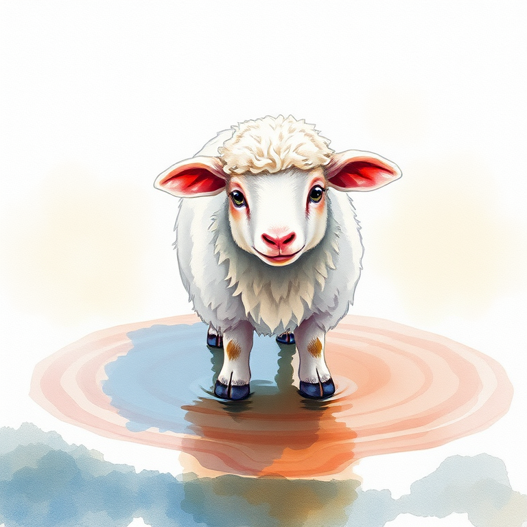 Create a watercolor illustration of a fluffy sheep standing in a soft puddle using a Canon EOS R with a 50mm f/1.8 lens, aperture set to f/2.8, shutter speed 1/125 sec, ISO 200, shot from a low angle for a more engaging perspective, focusing on vibrant colors and delicate textures.