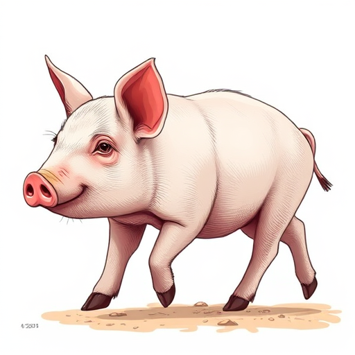 Create a high-resolution illustration of a walking pig, side view, using a DSLR camera settings of aperture f/4, shutter speed 1/200, ISO 100, with a shallow depth of field to enhance detail, in a natural light setting, applying a realistic style and high-quality rendering.