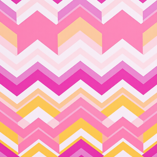 Create a vibrant zigzag pattern with alternating colors of pink, purple, yellow, and white on a flat background, using a DSLR camera with a 50mm lens, f/2.8 aperture, ISO 100, and a top-down view for clarity and sharpness.