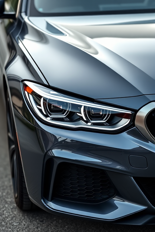 high-resolution front view of a sleek modern car with detailed headlight designs, f-stop 4.0, shutter speed 1/100s, ISO 200, 50mm lens, capture in natural light