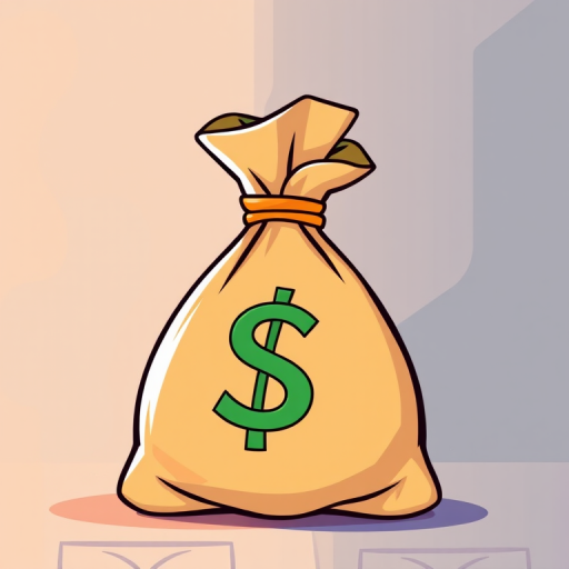 Illustration of a cartoon money bag with a dollar sign in a vibrant color scheme, captured using a DSLR camera at f/5.6 aperture, ISO 100, 50mm lens, with a shallow depth of field and soft lighting to enhance details.