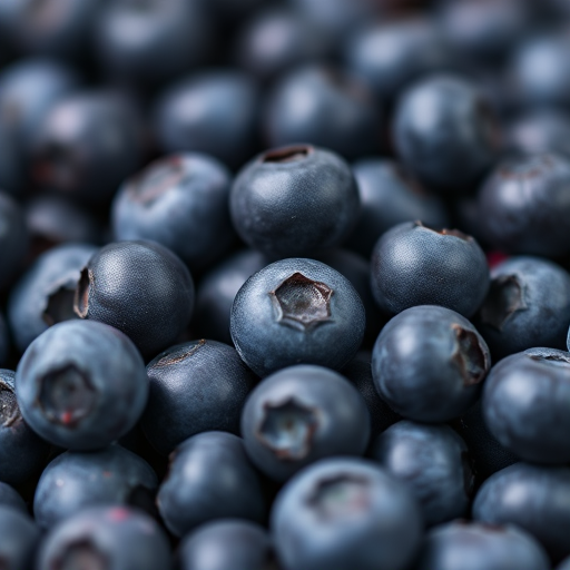 close-up of a pile of fresh blueberries, shallow depth of field, ISO 100, f/2.8, 50mm lens, natural light, DSLR camera