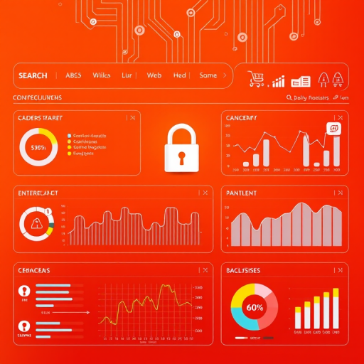 Create a high-resolution digital illustration of a cybersecurity dashboard featuring a lock icon, analytics graphs, and icons for search, web, and shopping connections, using a warm orange background, taken with a Canon EOS R, 35mm lens, f/8 aperture, 1/125s shutter speed, ISO 100, and top-down perspective.
