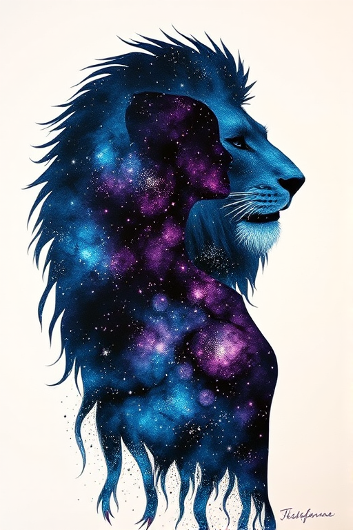 Captivating conceptual render alcohol ink art, double exposure, the paint strokes artfully merge combining a woman's full silhouette with a Lazy panda's silhouette. The figures are composed of a series of colored dots, lines & spots that evoke the image of a cosmic galaxy, colors are deep shades of blue purple & black with flashes of white & silver representing distant stars. The woman's silhouette is formed within the lion's silhouette from constellations of scattered stars, surreal