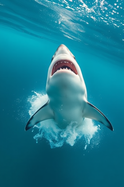 Create a hyper-realistic image of a great white shark breaching the surface, with high dynamic range, 50mm lens, f/1.8 aperture, ISO 100, shot from a low angle to emphasize the shark's size against a clear blue ocean backdrop.
