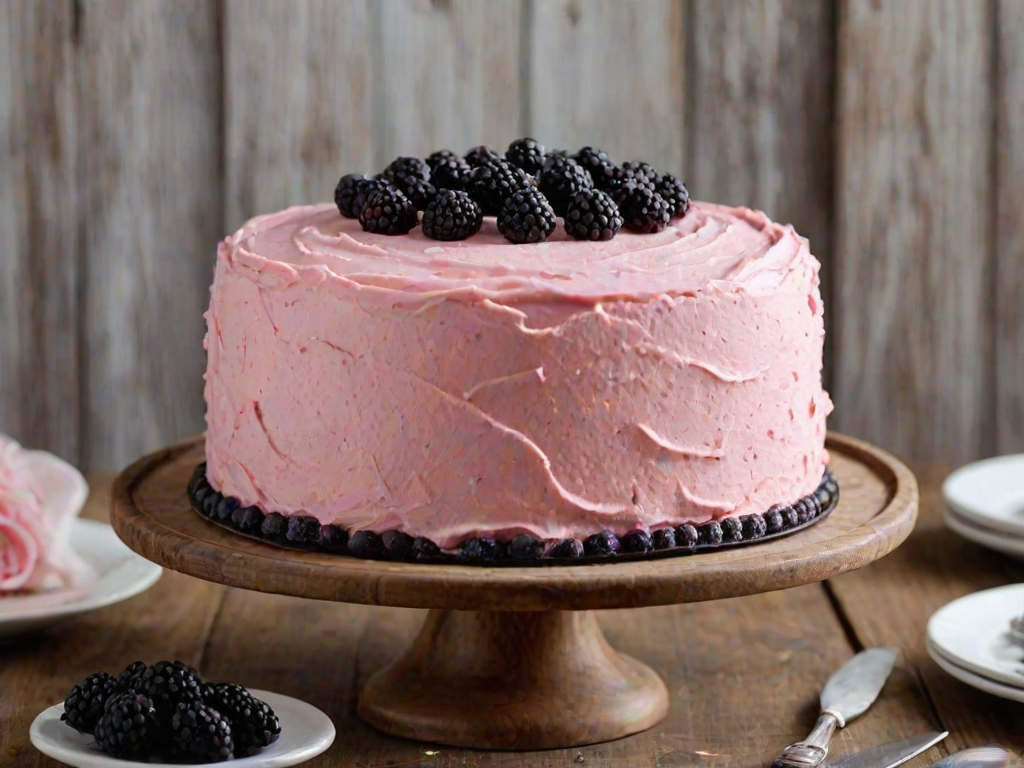 Create an image of a round cake with a smooth pink frosting. The top of the cake should be decorated with pink frosting roses and fresh blackberries. Add a light sprinkle of sugar on top and place the cake on a white cake stand. The background should feature a rustic wooden surface.