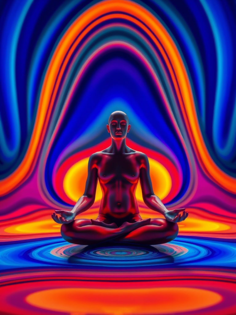 Create an abstract image of a meditating figure with concentric swirling lines in vibrant colors, captured with a DSLR camera, aperture f/2.8, ISO 100, shutter speed 1/125 sec, using a wide-angle lens, and shot from a slightly elevated perspective to enhance depth and detail.