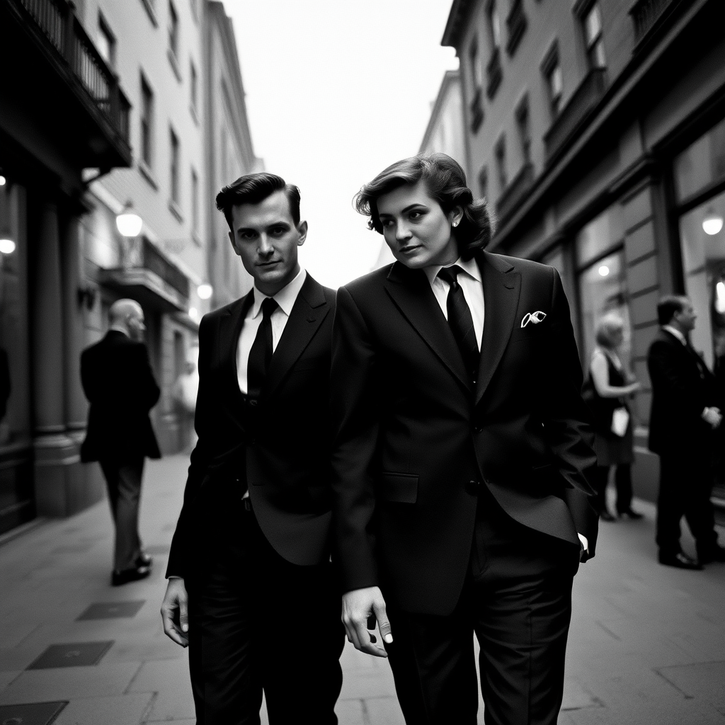Black-and-white photograph, couple, tailored suits, retro hairstyles, film noir style, Tilt the camera for a dynamic Dutch angle using a versatile 24-70mm lens